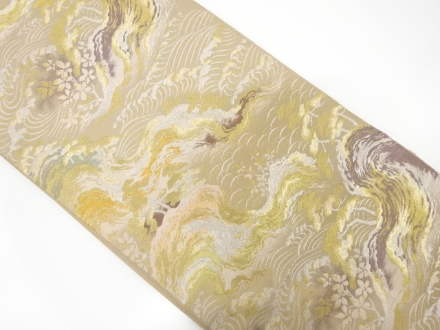 JAPANESE KIMONO / ANTIQUE FUKURO OBI / SILK / WOVEN RAGING WAVES & PINE